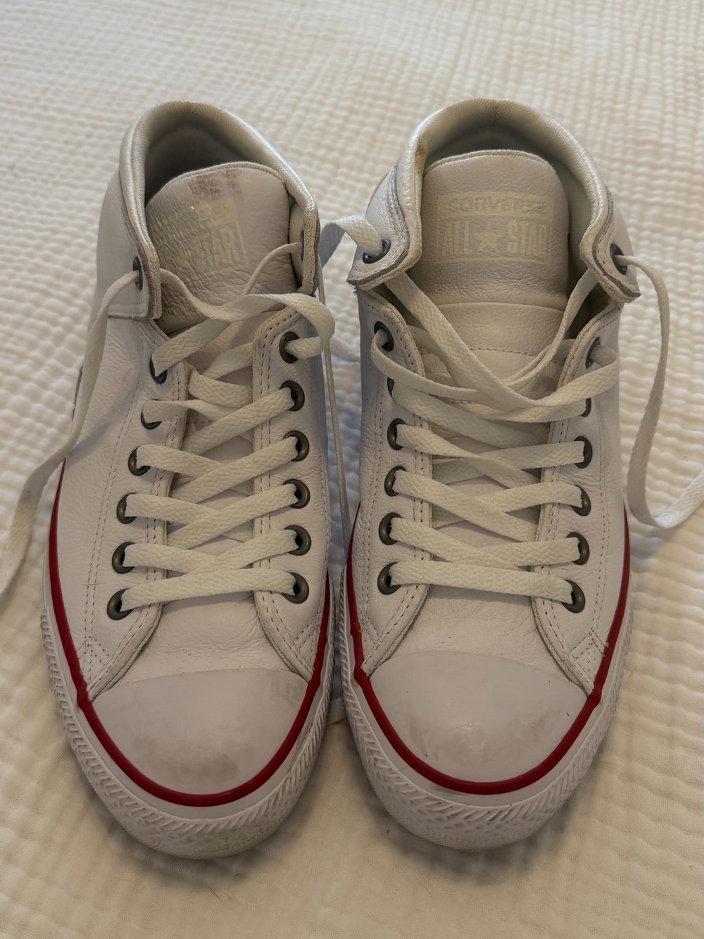 Converse White Leather 3/4 top Sneakers with Red Accent EUC!